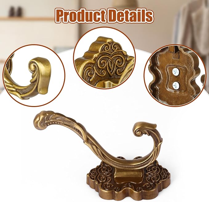Draupnir 3PCS Coat Hooks Wall Mount, Vintage Decorative Wall Hooks Antique Brass - Image 4