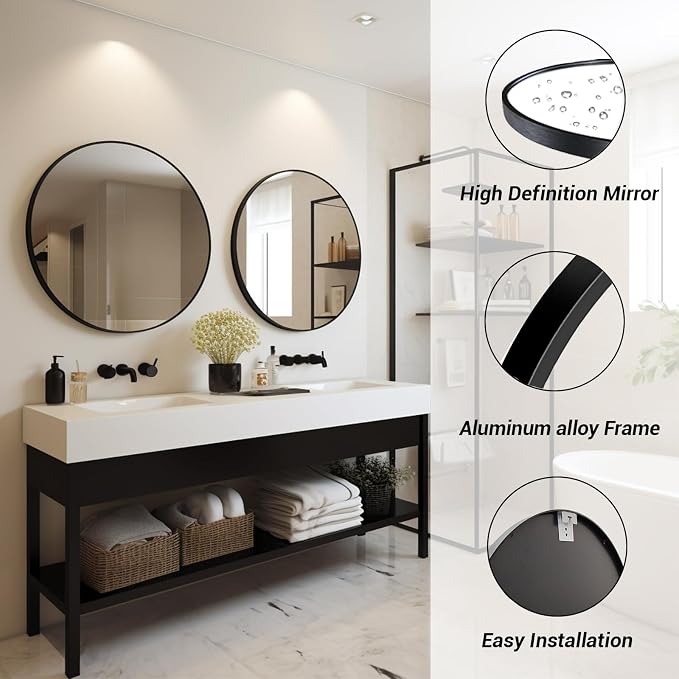 Sunniry Black Round Mirror, Round Mirror 24 inch, Wall Mounted Mirrors - Image 2