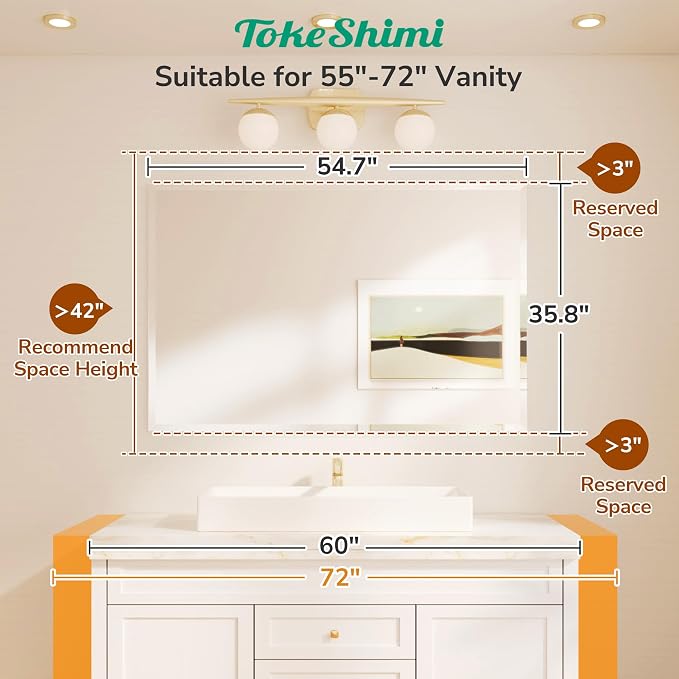 TokeShimi 55x36 Rectangle Bathroom Vanity Mirror Beveled, Tempered Frameless - Image 2