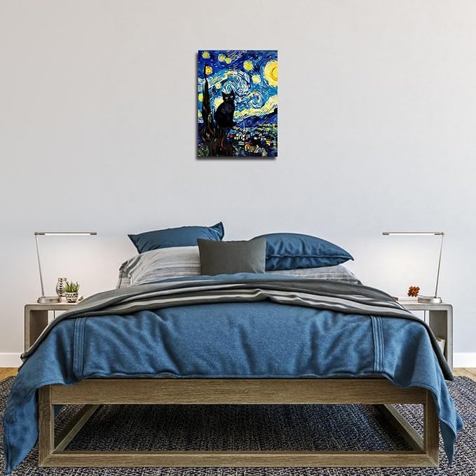ALMLZL Framed Van Gogh The Starry Night Cat Canvas Wall Art Cute Funny Black - Image 6