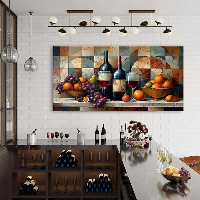 Geometric Kitchen Wall Art Abstract Wine Canvas Prints Red Wine Glass and Fruit - Image 3