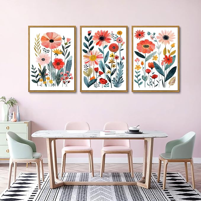 KISSFOX Framed Colorful Wildflower Canvas Wall Art Set Of 3 Flowers Pictures - Image 3