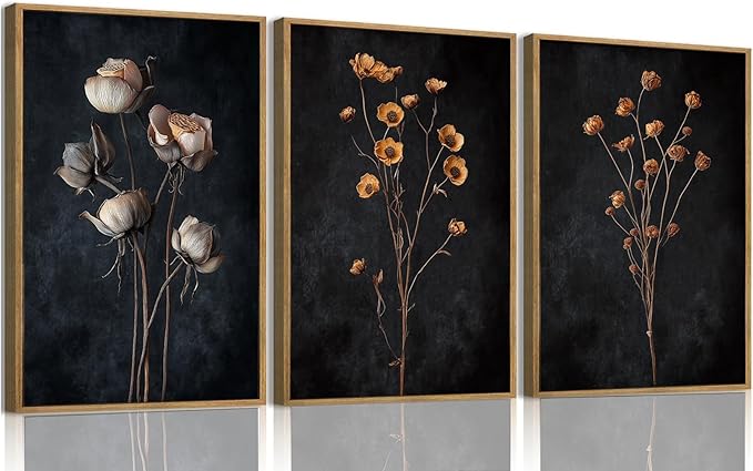 KISSFOX 3 Piece Moody Dried Flower Canvas Wall Art by KISSFOX