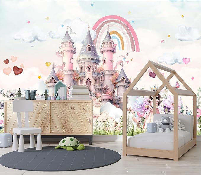 XMPMBM-Pink Cartoon Citadel Nursery Room Fabric Wallpaper Girls Bedroom Wall - Image 3