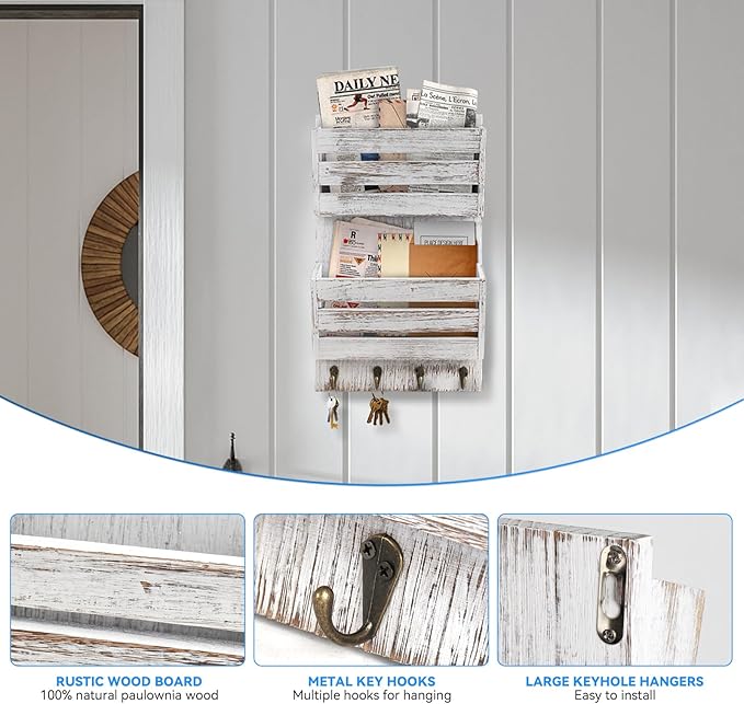 Mail Organizer Wall Mount with 4 Key Hooks, Rustic Wooden Hanging Mail Sorter - Image 2