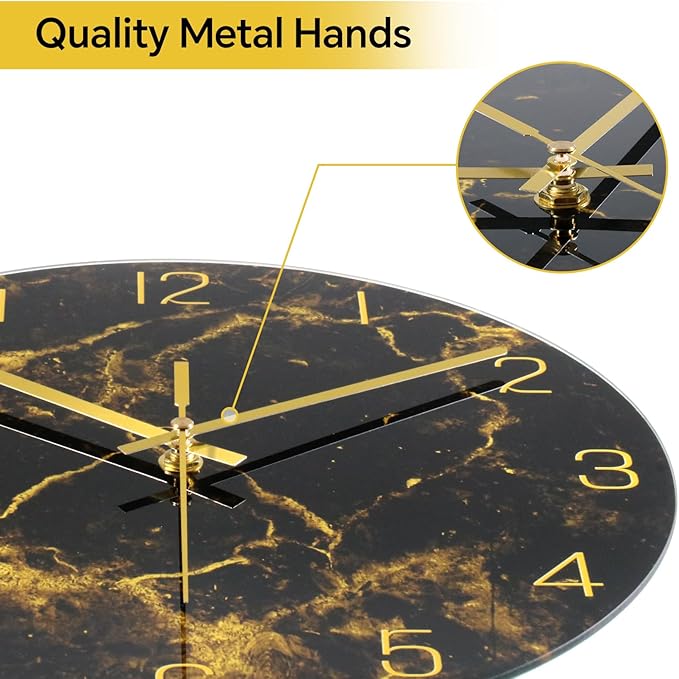 VIKMARI Black Modern Marble Texture Clock Gold Hands Rustic Kitchen Decor 12 - Image 2