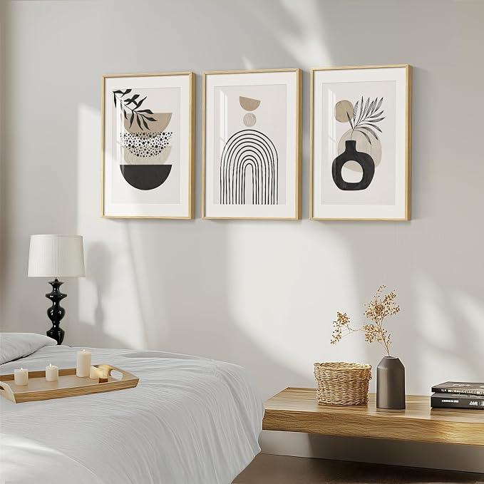 Framed Neutral Boho Wall Art Bedroom, 3 Piece Beige Mid Century Modern - Image 2