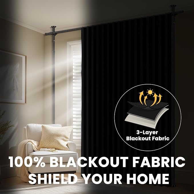 100% Blackout Room Divider Curtains Sets Black 2 Panels W100 x L96in No Drill - Image 5