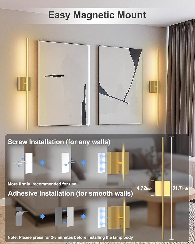Battery Powered Wall Sconce Set of Two: Gold Wireless Rechargeable Wall Lights - Image 8