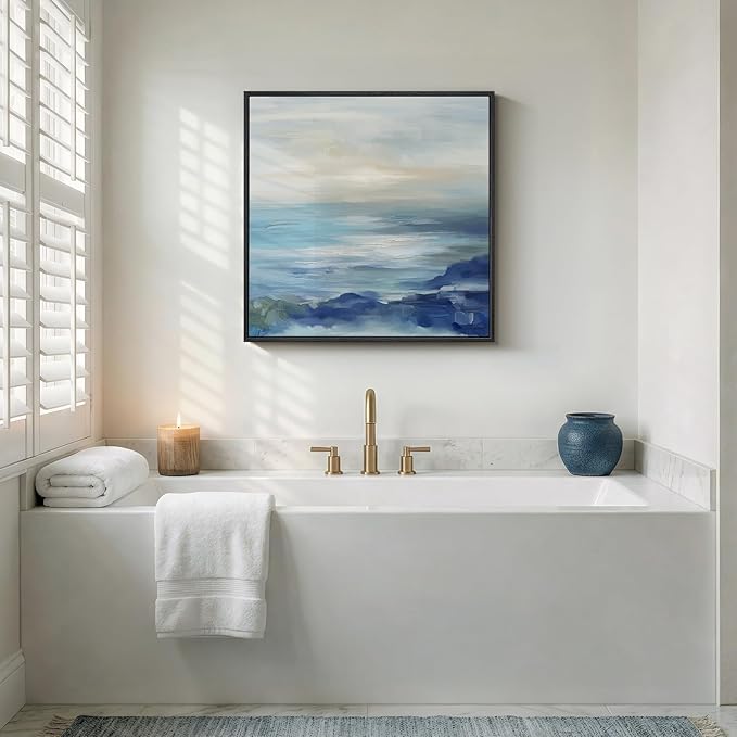 Framed Blue Abstract Wall Art Decor, Square Coastal Modern Canvas Artwork - Image 4