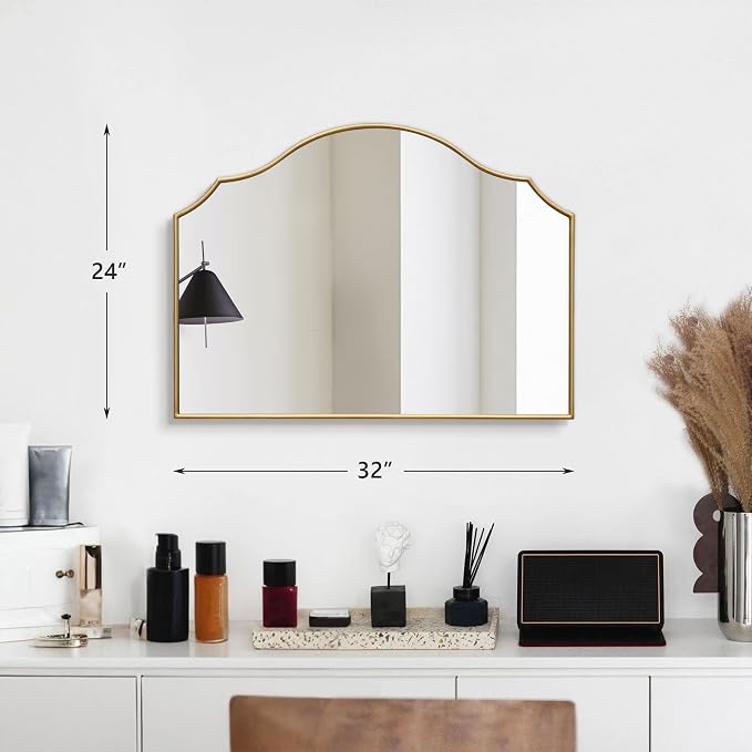 Besdomus Gold Scalloped Mirror for Vanity: 32"x24" Modern Minimalist Wooden - Image 3