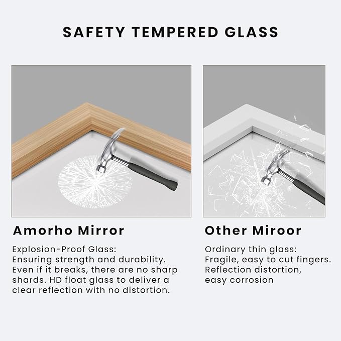 Amorho Bathroom Mirror, 28 X36 Inch Wall Mirror, Oak Wood Grain Metal Framed - Image 3