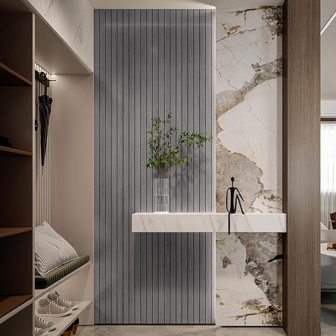 YLL YLL PVC Slat Wall Panel Peel and Stick 118"x 15.7" Faux Grey Wood Grain - Image 2