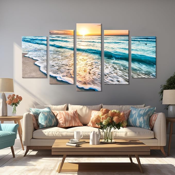 Goldfoilart 5 Pieces Beach Coastal Wall Art Sea Sunset Seascape Pictures Ocean - Image 3
