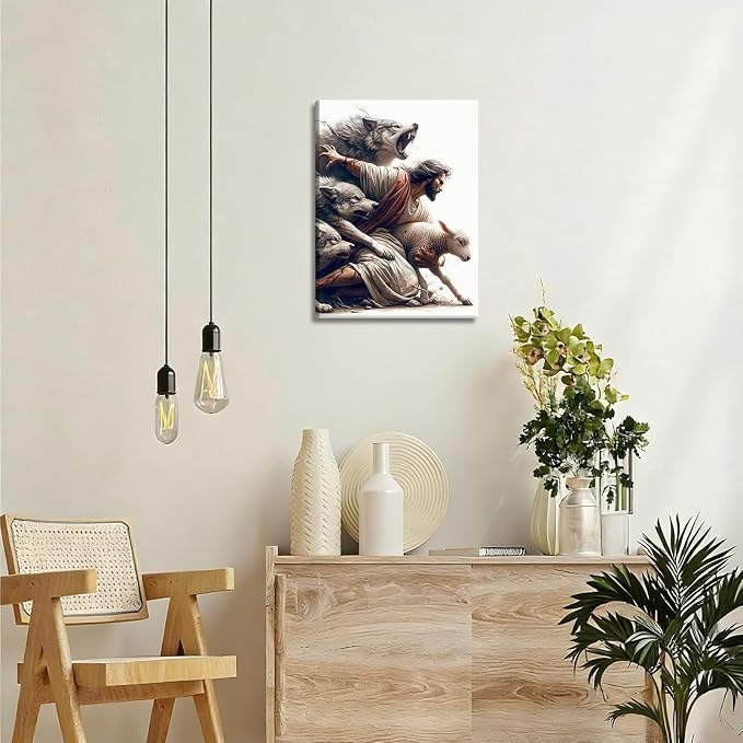 Jesus Canvas Wall Art Christian Jesus Saves the Lost Sheep Wall Decor Picture - Image 3