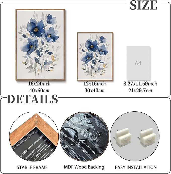 KISSFOX Framed Colorful Wildflower Blue Canvas Wall Art Set Of 3 Flowers - Image 3