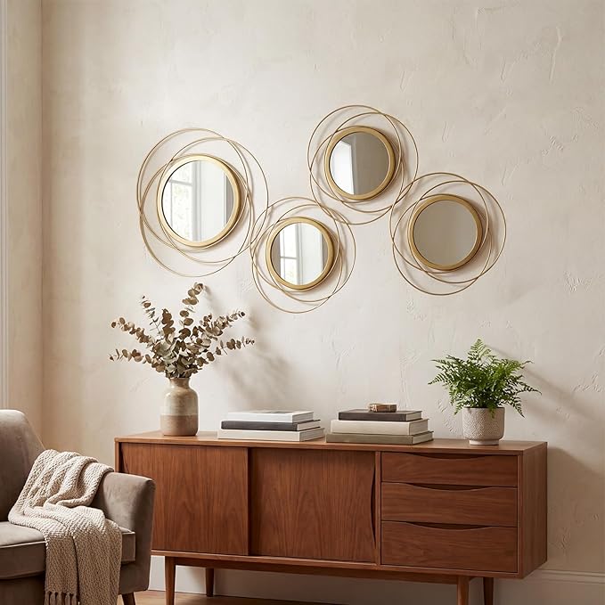4 Piece Gold Round Wall Mirror Set Modern Metal Circle Home Decor by sxnzequnze