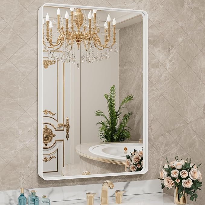 LOAAO 20x30 Inch White Metal Framed Bathroom Mirror by LOAAO