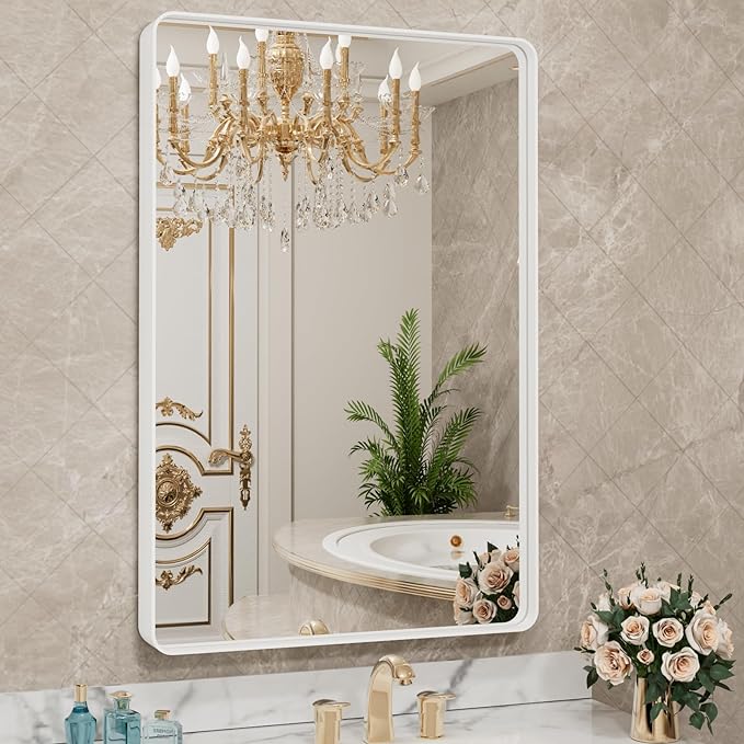 LOAAO 32x36 Inch White Metal Framed Bathroom Mirror by LOAAO