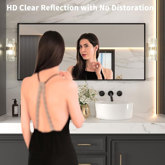 LOAAO 72"X32" Black Rectangle Bathroom Mirror Wall, Matte Black Aluminum Alloy - Image 2