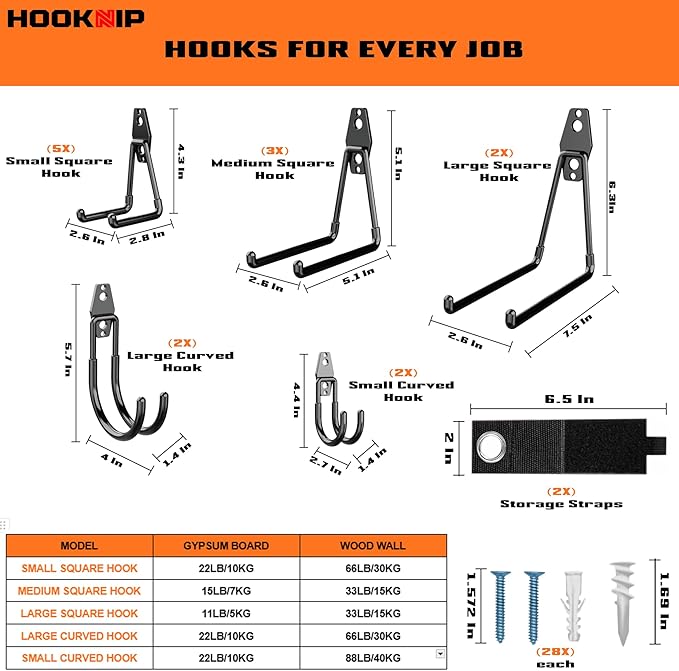 Pack 16 Garage Hooks Heavy Duty | Multi-Sized Wall-Mounted Tool Hangers - Image 2