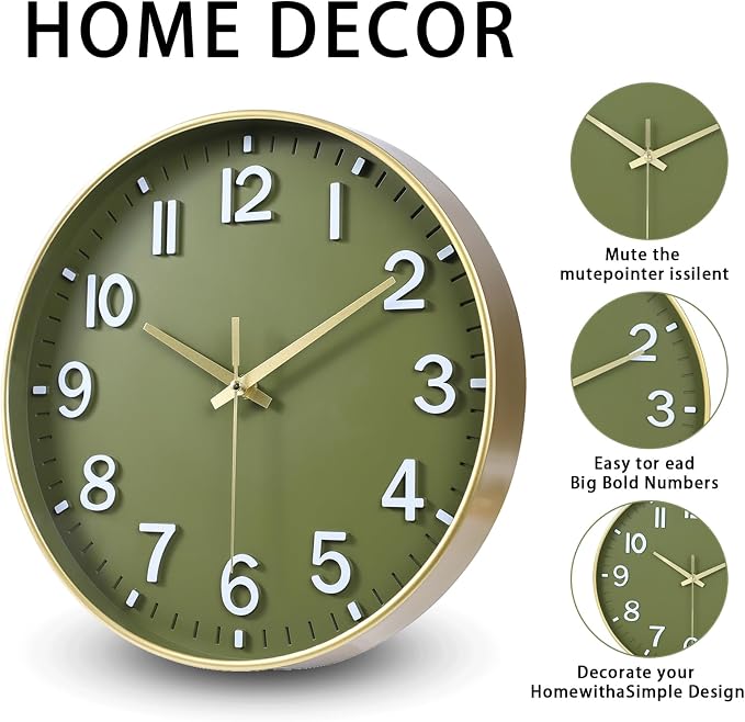 HZDHCLH Wall Clocks Battery Operated, Wall Clock Green Gold, 8 inch Wall Clock - Image 2