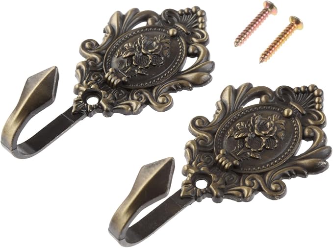 2Pcs Curtain Tiebacks Hook Vintage Bronze Rose Pattern Carved Wall Hooks Key by Hicello