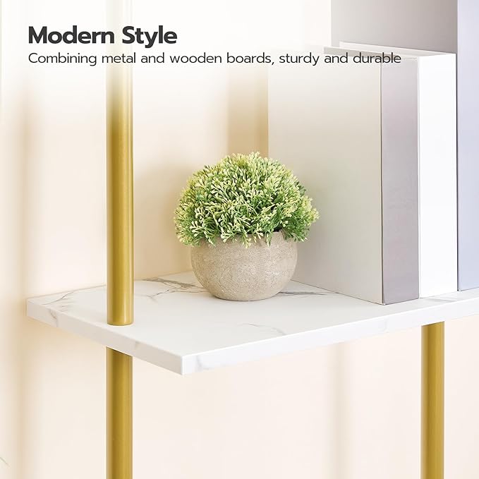HOOBRO DIY Ladder Shelf, 6-Tier Wooden Wall Mounted Bookshelf, Narrow Gold - Image 9