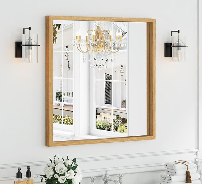 Syndra Square Natural Wood Frame Bathroom Mirror, Waterproof Slim Deep Frame by Syndra