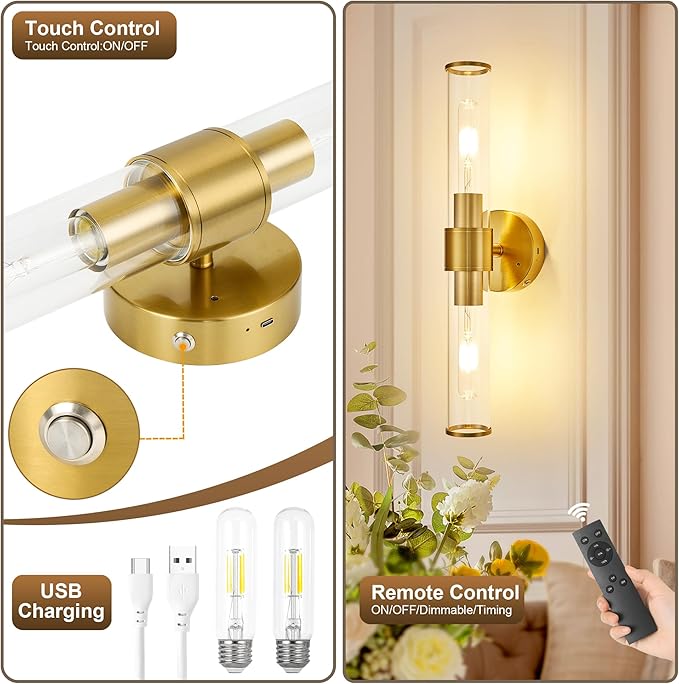 Morauroral Gold Battery Operated Wall Sconces Set of 2, Rechargeable Wall Lights - Image 7