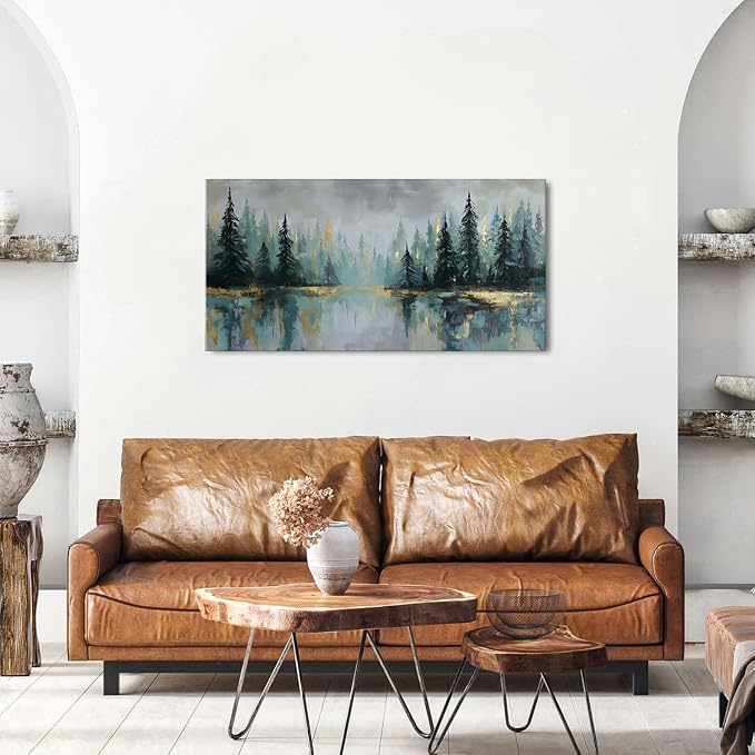 Green Forest Wall Art Vintage Fog Pine Trees Landscape Wall Decor Nature Green - Image 4