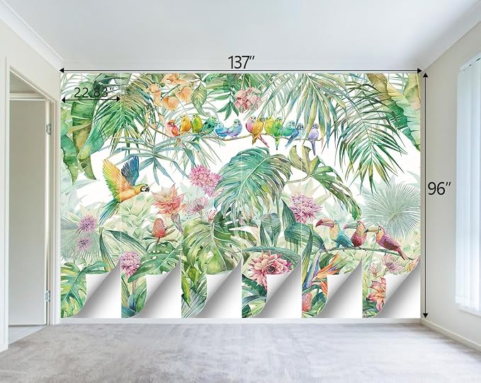 Tropical Green Botanical Flower Birds Leaf Wallpaper Bedroom Plant Floral Mural - Image 4