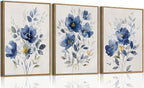 KISSFOX Framed Colorful Wildflower Blue Canvas Wall Art Set Of 3 Flowers by KISSFOX