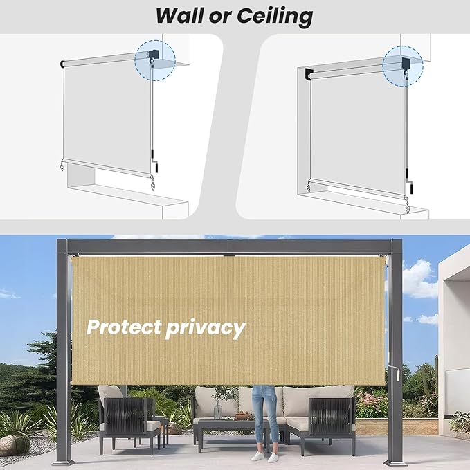 Custom Size Sesame Patio Shades Roll up Outdoor Roller Shade Crank Wand Blind - Image 4