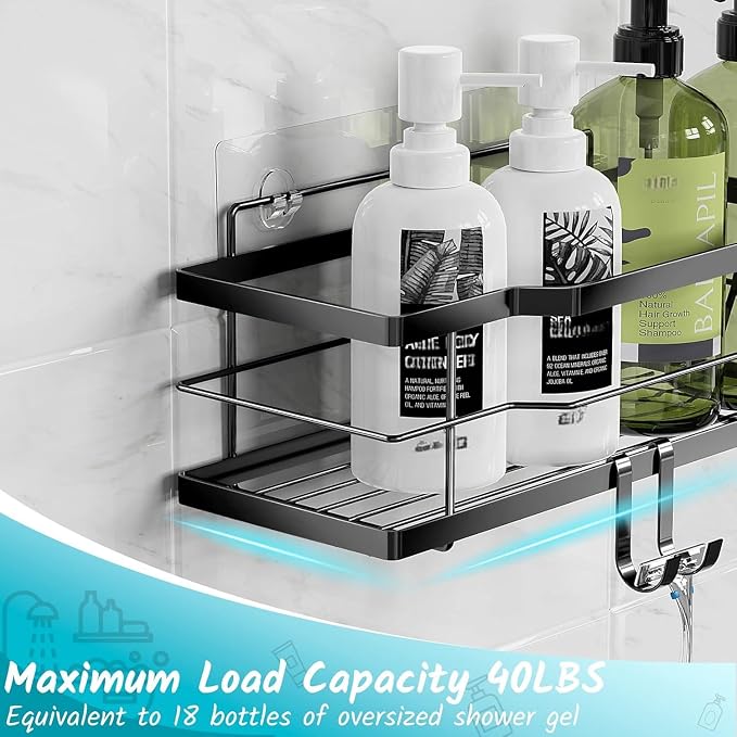 Moforoco Shower Caddy Shelf Organizer Rack, Self Adhesive Black Bathroom - Image 3