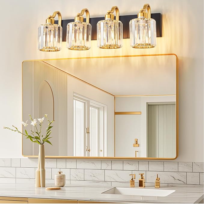 4 Light Crystal Vanity Lights for Bathroom, Modern Matte Black and Gold Wall - Image 2