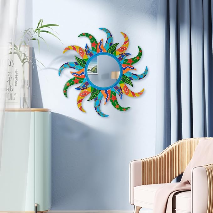 Colorful Sun Wall Mirror Decorative 25 inch Metal Frame Sunburst Boho Mirror - Image 2