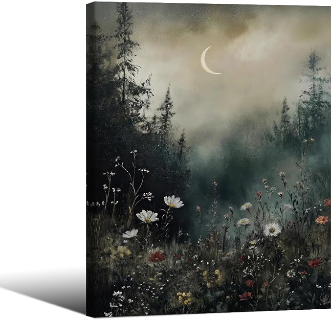 Dark Flower Field Poster Vintage Moody Academia Wall Art 08x10 inch Framed by rumlud