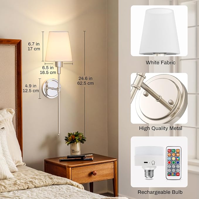 DORESshop Battery Operated Wall Sconce Set of 2, Wireless Wall Light Easy to - Image 8