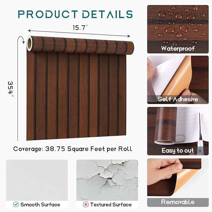 VEELIKE Walnut Wood Slat Peel and Stick Wallpaper Wood Contact Paper - Image 8