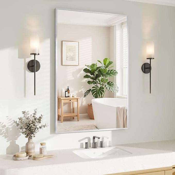 Koonmi Silver Rectangle Wall Mirror, 24x36 Inch Bathroom Mirror, Aluminum Frame by KOONMI