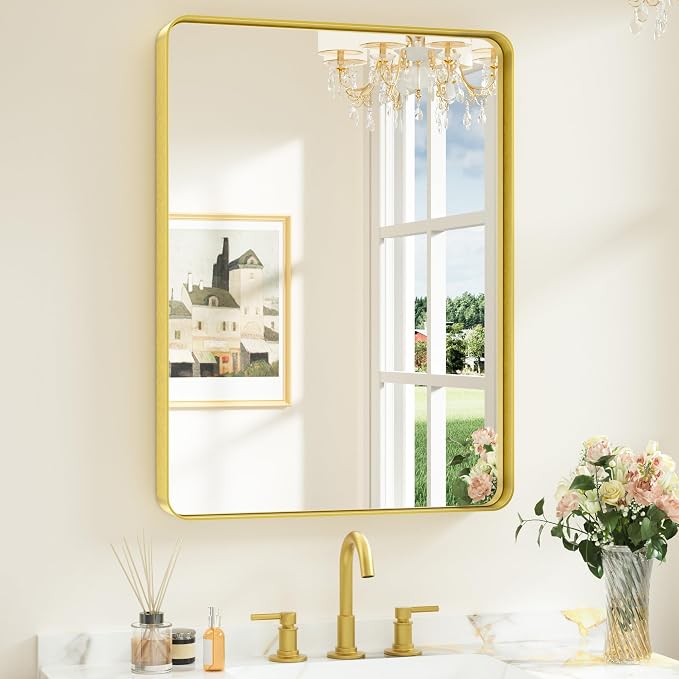 Keonjinn Gold Bathroom Mirrors for Vanity, 24 x 32 Inch Rounded Rectangle Gold by Keonjinn