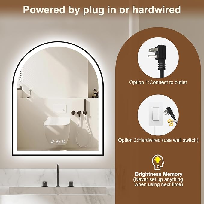 Arched LED Mirror for Bathroom 24"x30", 3 Color Changing, Shatterproof - Image 5
