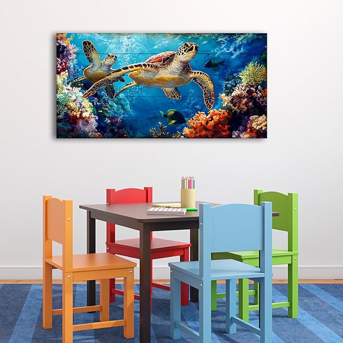 Sea Turtle Wall Art for Living Room Ocean Bathroom Decor Colorful Fish Coral - Image 4