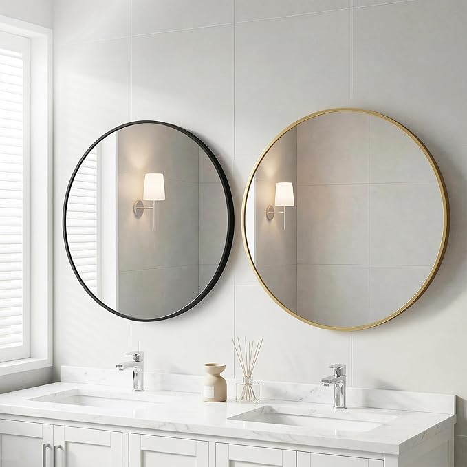 OLIXIS 20 Inch Black Round Bathroom Wall Mirror, Round Bathroom Mirrors - Image 2