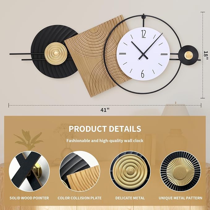 37.7X21Inch Large Modern Wall Clock Geometric Dial-Solid Wood Metal Frame - Image 2