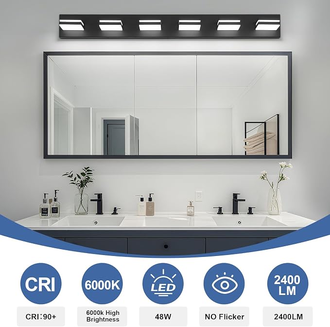 Modern LED Bathroom Lights Fixtures 6-Light, Metal Black Acrylic Wall Lighting - Image 4