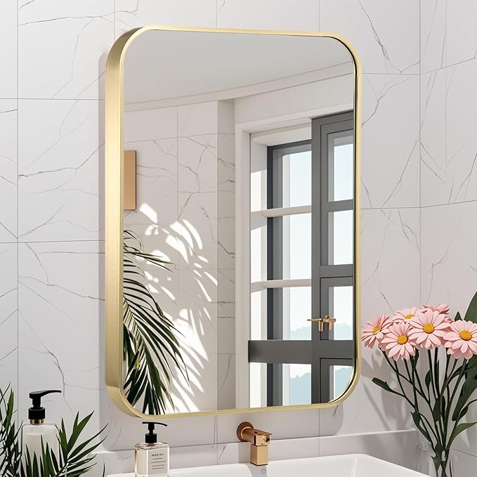 20x28 Inch Gold Bathroom Mirror, Brushed Brass Gold Metal Framed Rectangular - Image 2