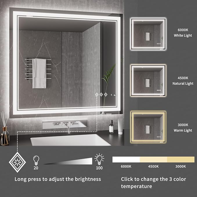 Bathroom Mirrors for Wall, 40x36 Inch Gradient Front and Backlight Lighted - Image 5