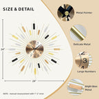 23.6 inch Gold Starburst Wall Clock, Non-Ticking Large Modern Sunburst - Image 2